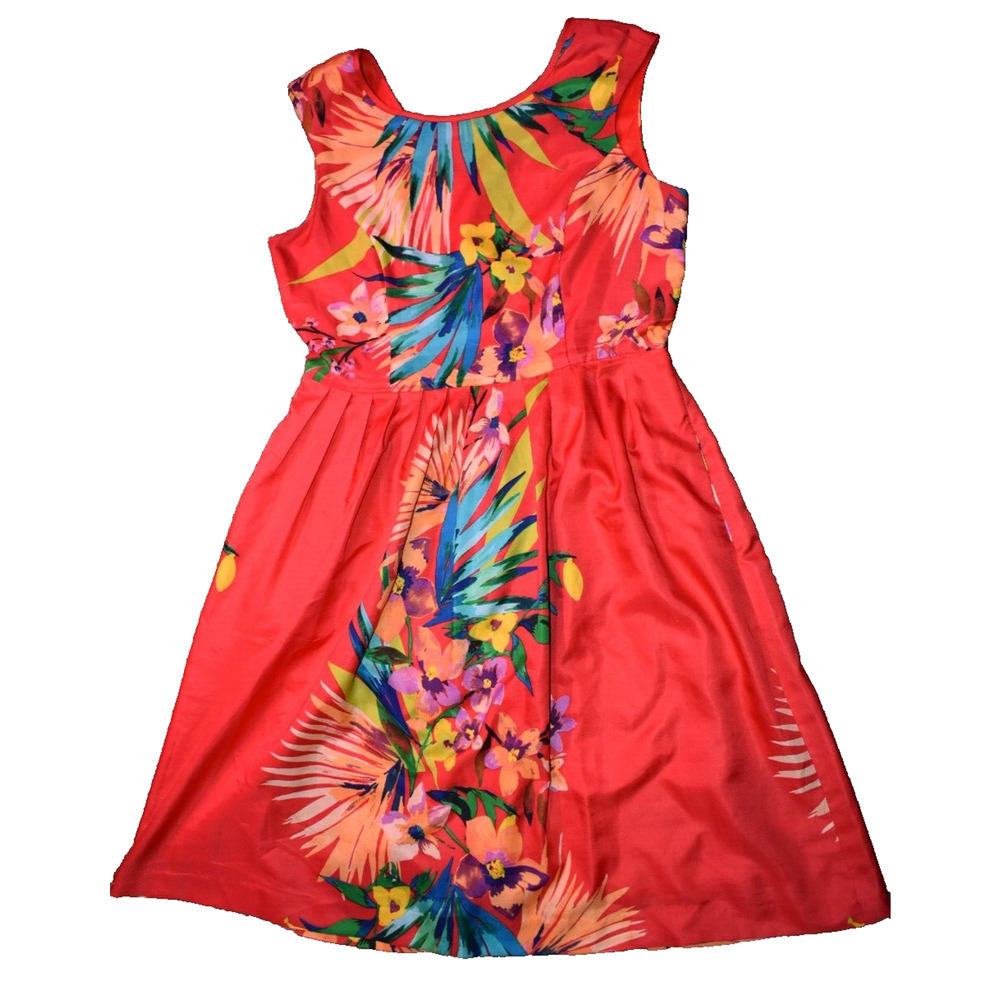 ELLEN TRACY Dress w/Pockets | Salmon Tropical Hawaiian Floral | Womens 10